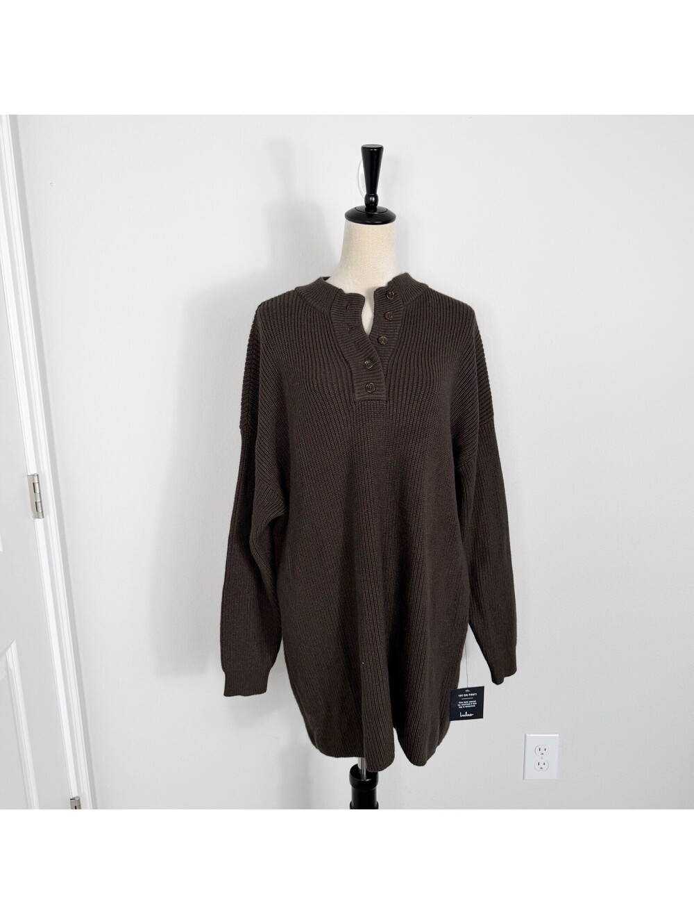 NWT Lulus Coveted Coziness Long Sleeve Henley Sweater Mini Dress Brown Large